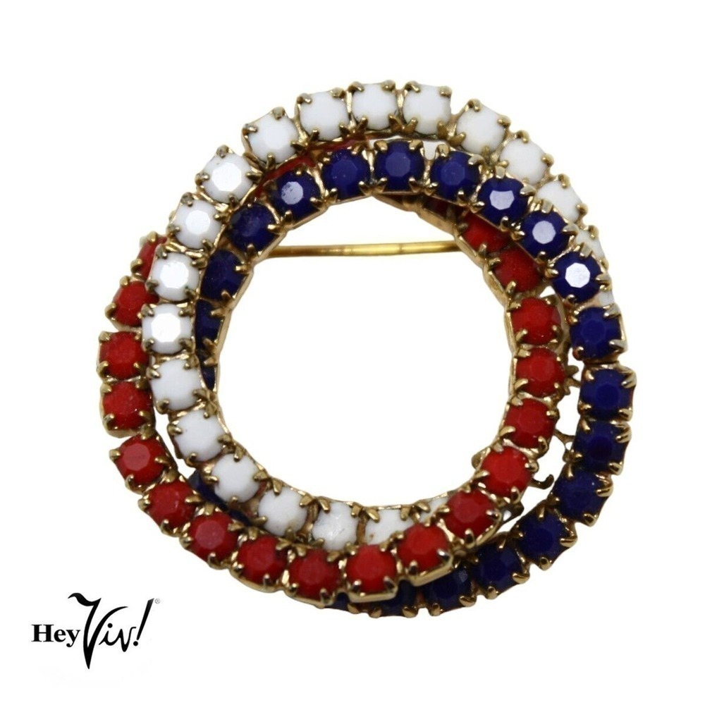 Vintage Red White & Blue Rhinestone Triple Circle Pin Patriotic 1 3/8" - Hey Viv